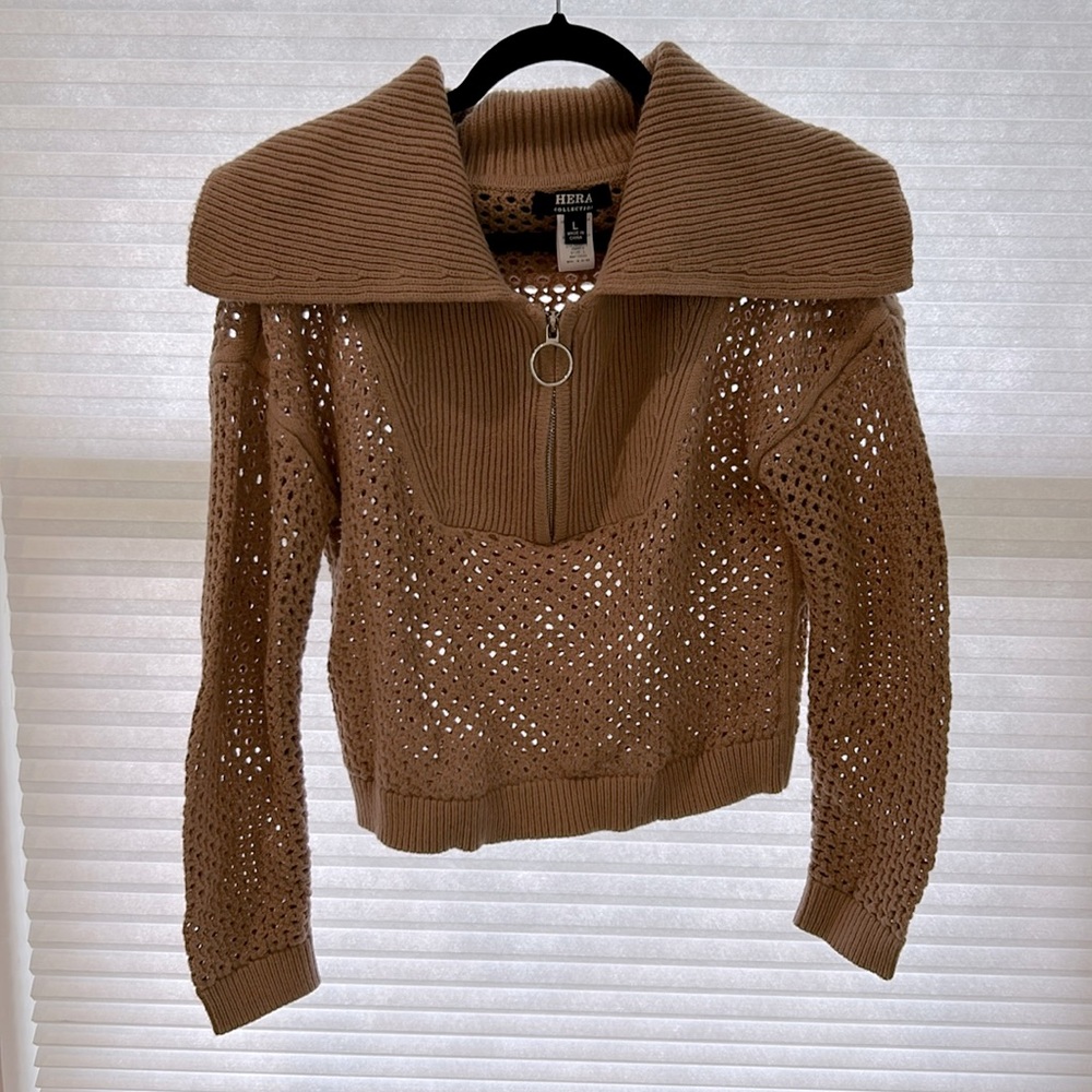 Camel-colored, cropped, large sweater